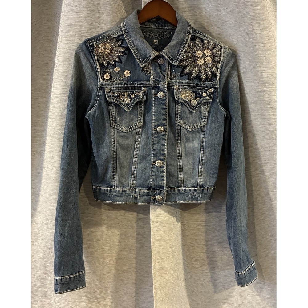 Miss Me Denim‎ Jacket Women M Blue Embroidered Embellished Western Boho